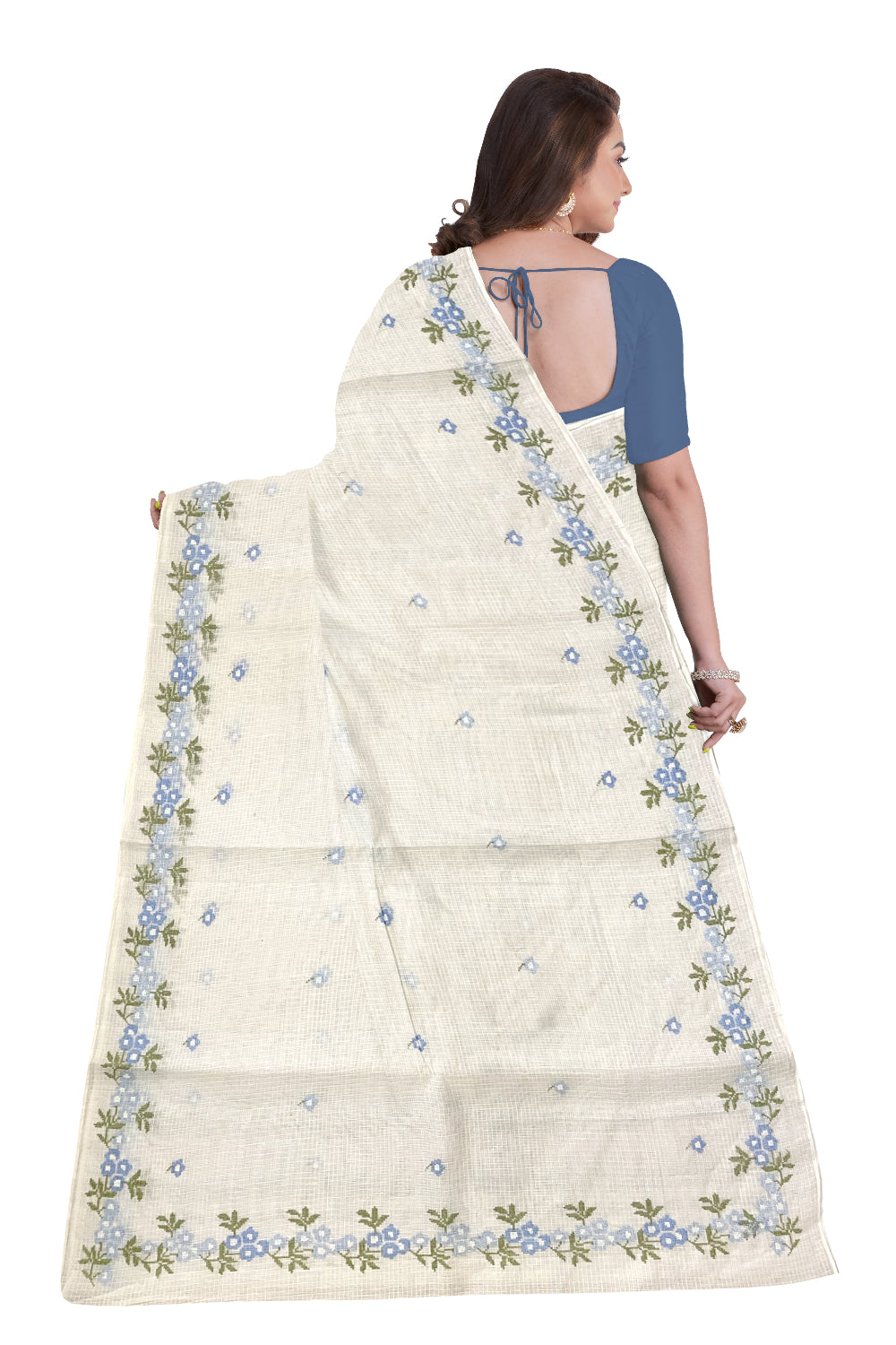 Southloom Net Kota Pure White Saree with Blue Green Woven Works on Border (2023 Christmas Special Saree)