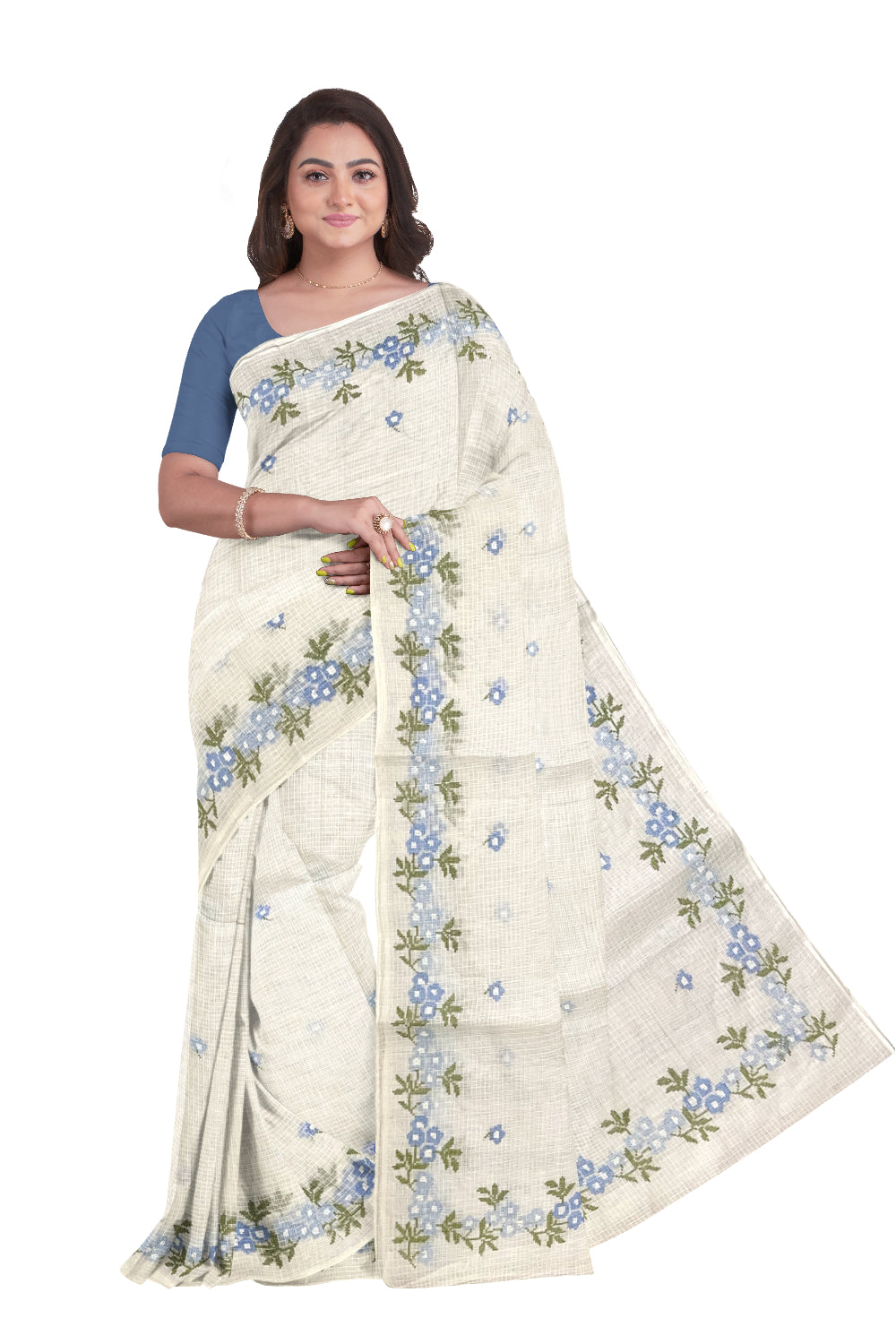 Southloom Net Kota Pure White Saree with Blue Green Woven Works on Border (2023 Christmas Special Saree)