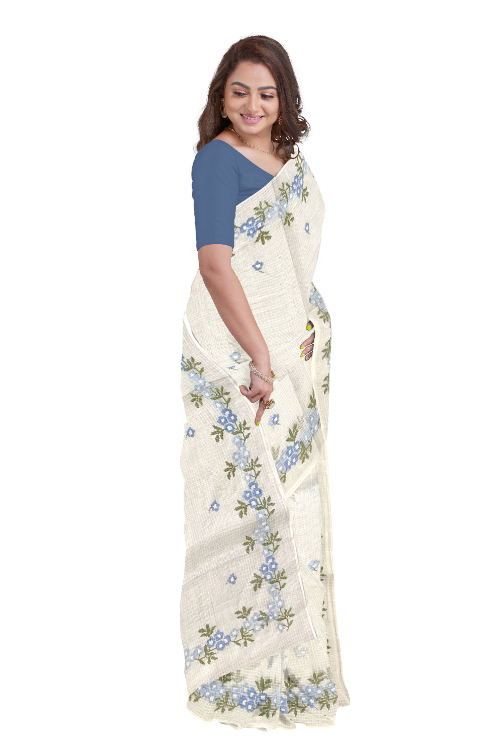 Southloom Net Kota Pure White Saree with Blue Green Woven Works on Border (2023 Christmas Special Saree)