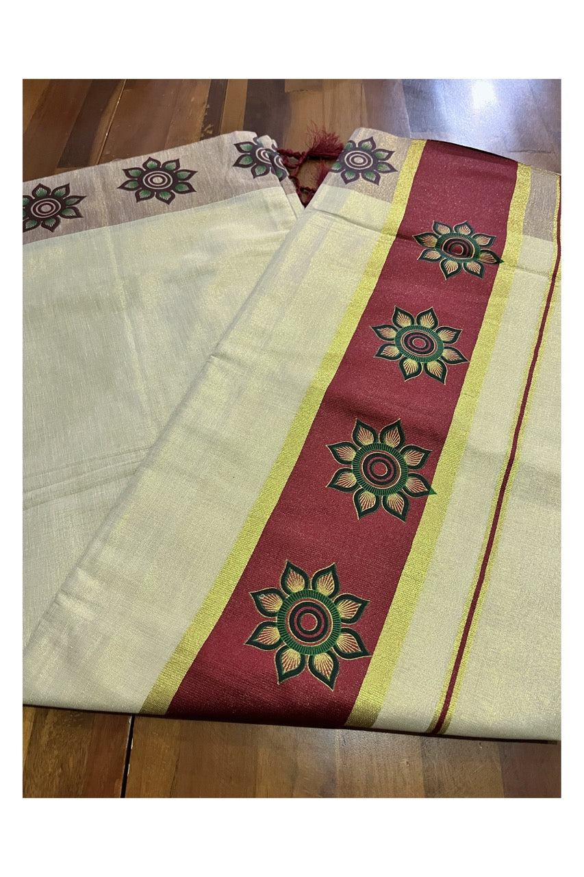 Kerala Tissue Kasavu Saree with Floral Block Prints in Maroon Border