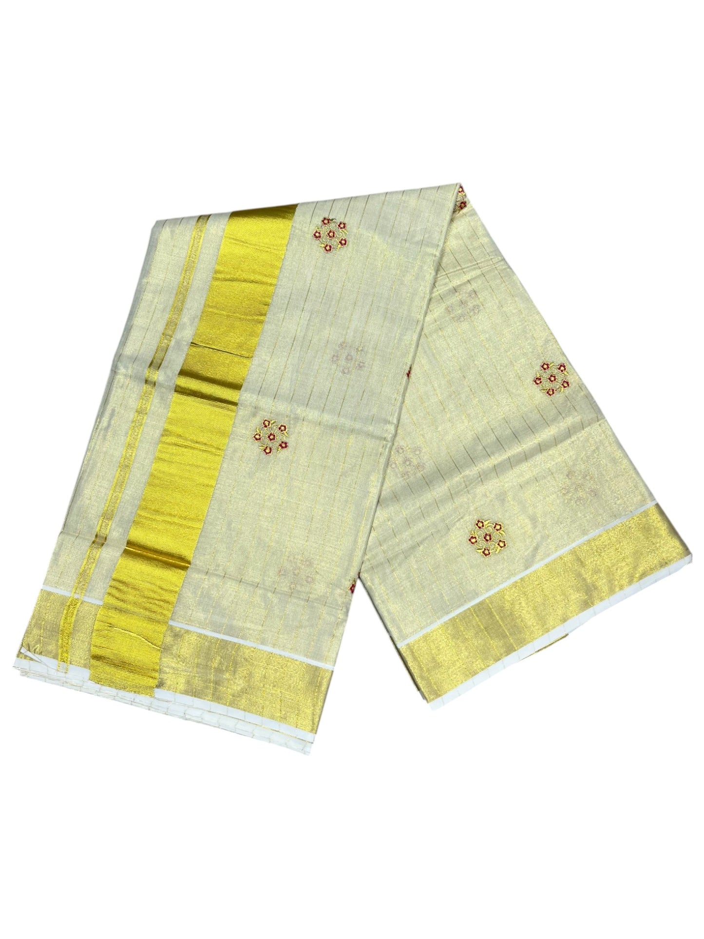 Southloom Kerala Tissue Kasavu Lines Saree with Pink Floral Embroidery Design on Body