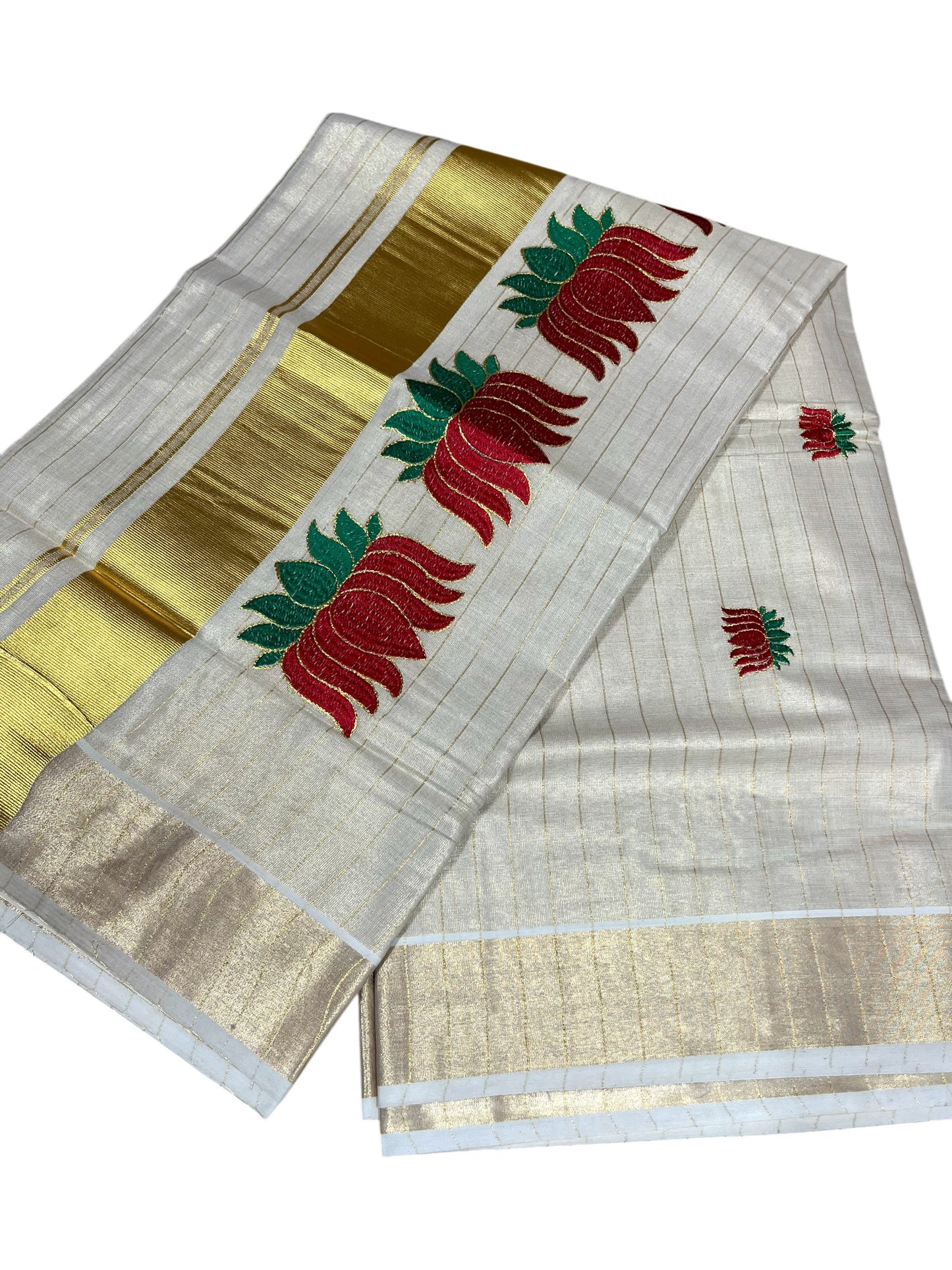 Southloom Kerala Tissue Lines Kasavu Saree with Red And Green Lotus Embroidery Works SL289
