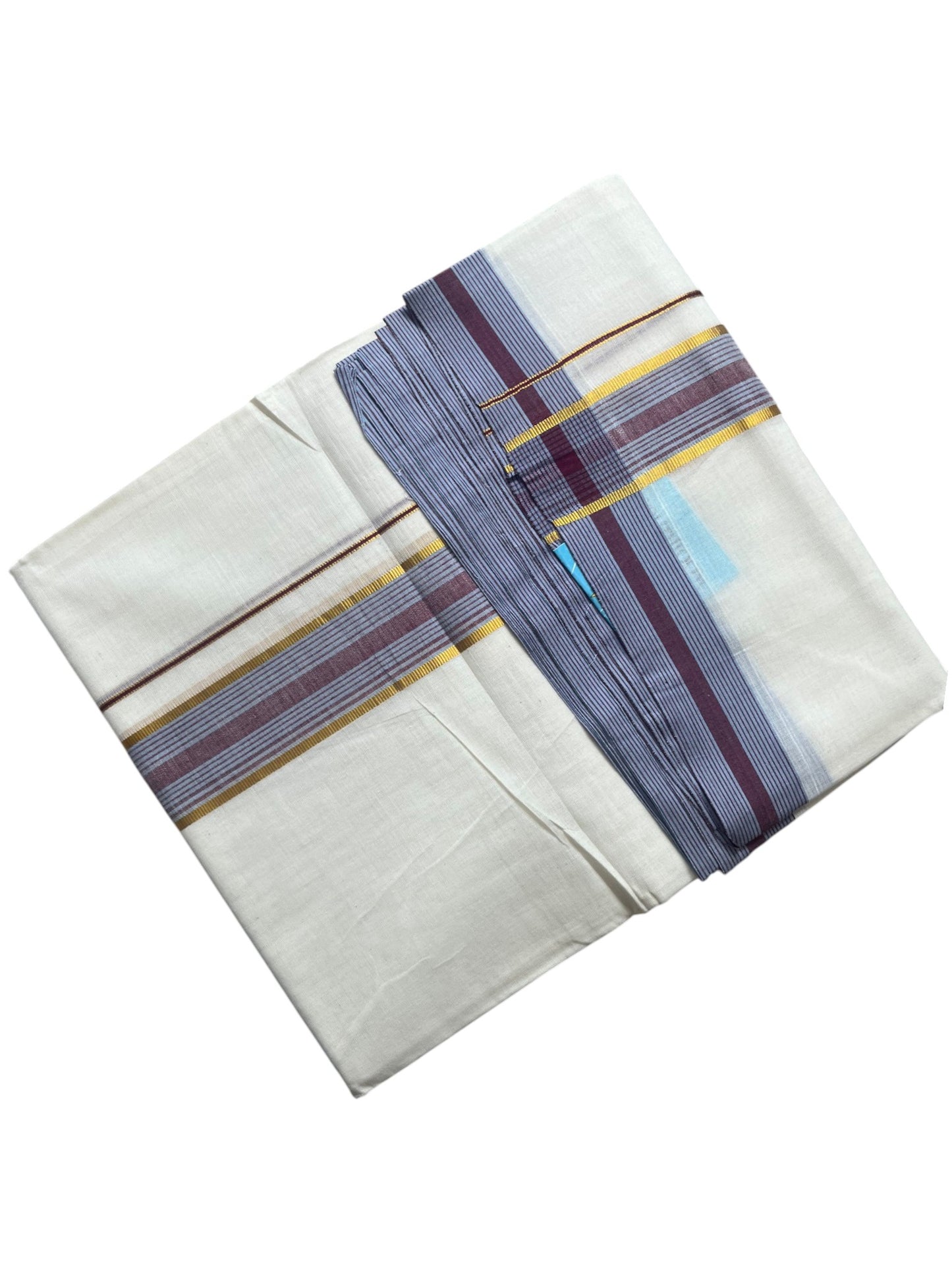 Southloom Pure Cotton Mundu with Golden Lines and Border (South Indian Kerala Dhoti)