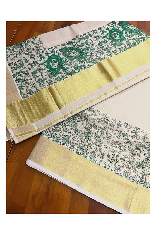 Kerala Tissue Kasavu Saree with Green Krishna Radha Floral Prints on Border And Pallu. (Vishu 2024 Collection)