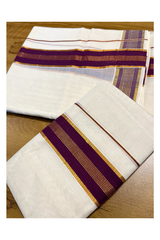 Kerala Cotton Mundum Neriyathum Single (Set Mundu) with Dark Violet and Kasavu Border