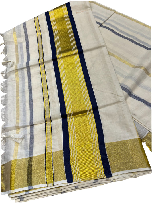 Southloom Kerala Cotton Kasavu Saree with Gold And Blue Lines on Body