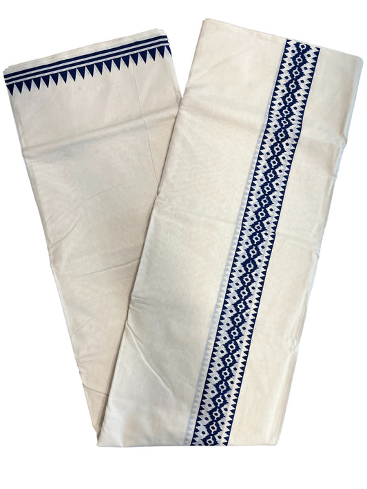 Southloom Pure Cotton Double Mundu with Block Prints on Blue Kara (South Indian Kerala Dhoti)