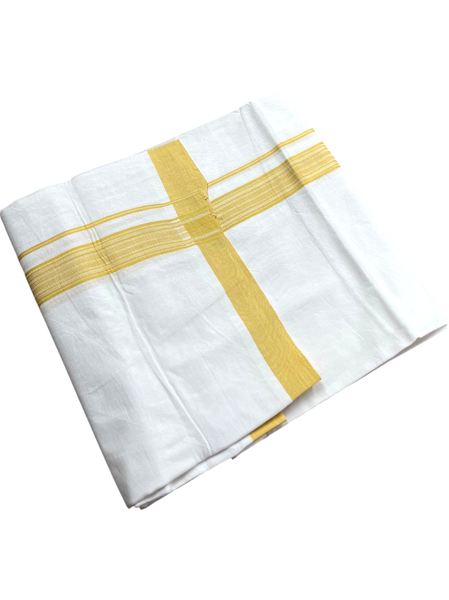 Southloom Pure White Cotton Mundu with Yellow Lines Border (South Indian Kerala Dhoti)