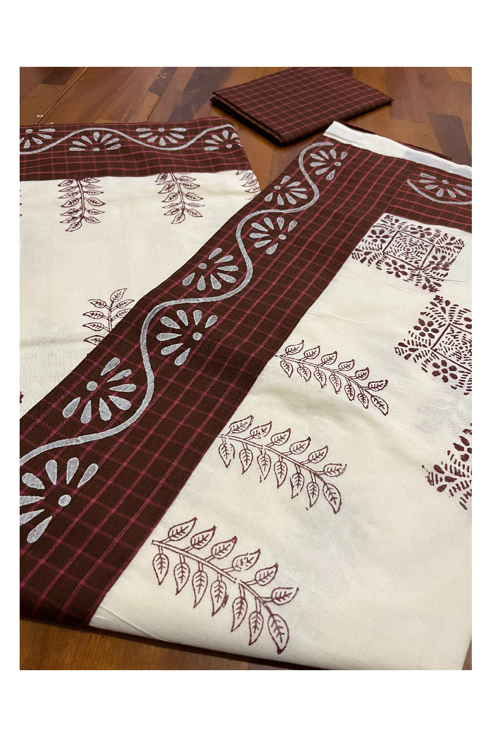 Pure Cotton Onam 2023 Kerala Saree with Hand Block Maroon Batik Prints