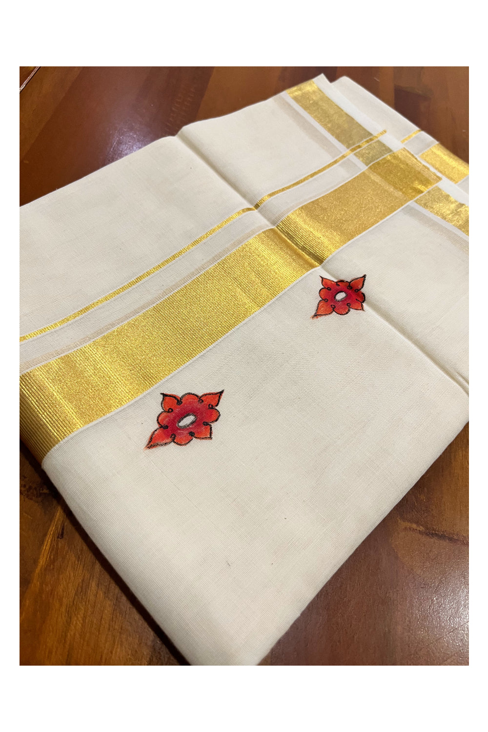 Southloom Premium Handloom Pure Cotton Kasavu Mundu with Hand Painted Designs on Border (South Indian Kerala Dhoti)