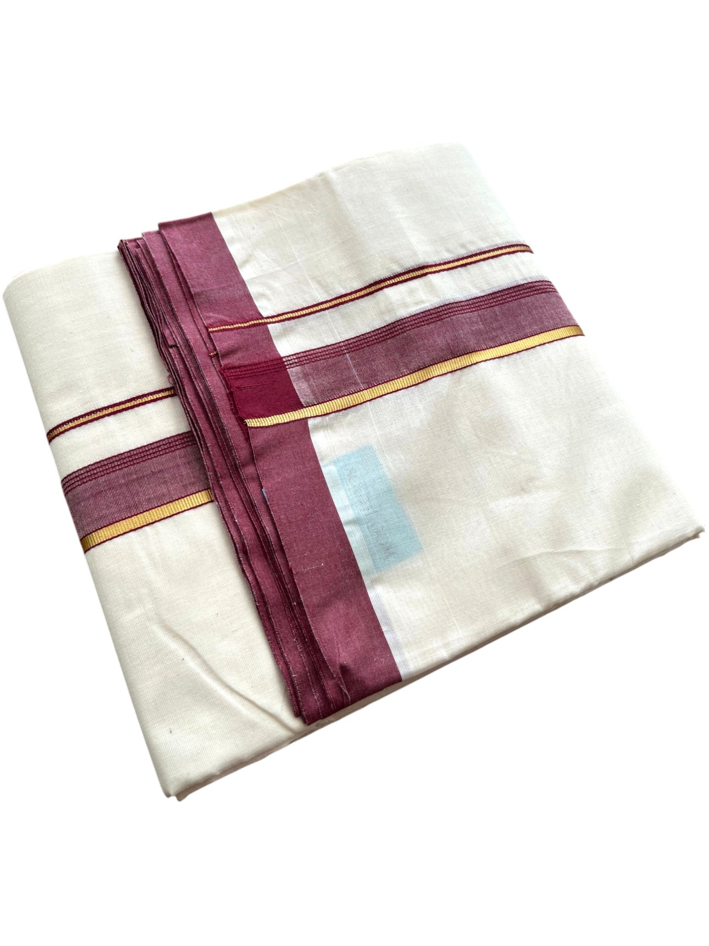 Southloom Pure Cotton Mundu with Golden Lines and Maroon Border (South Indian Kerala Dhoti)