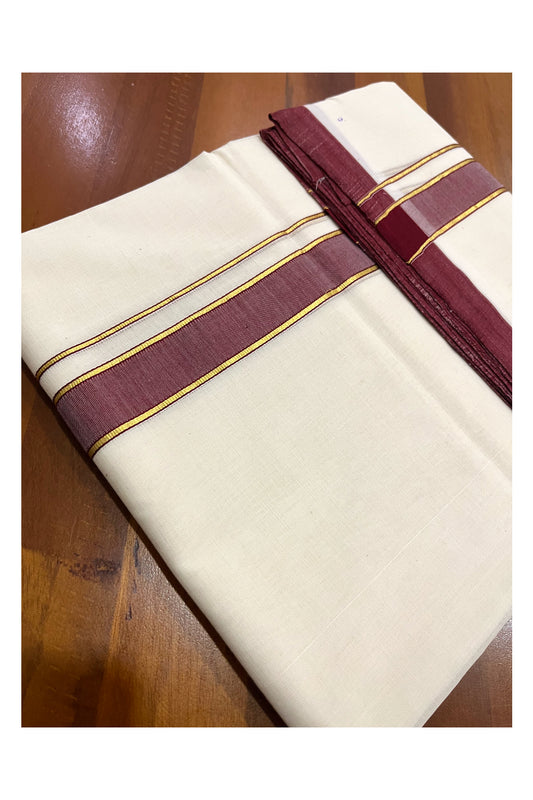 Southloom Premium Balaramapuram Unakkupaavu Handloom Mundu with Maroon and Kasavu Border (South Indian Kerala Dhoti)