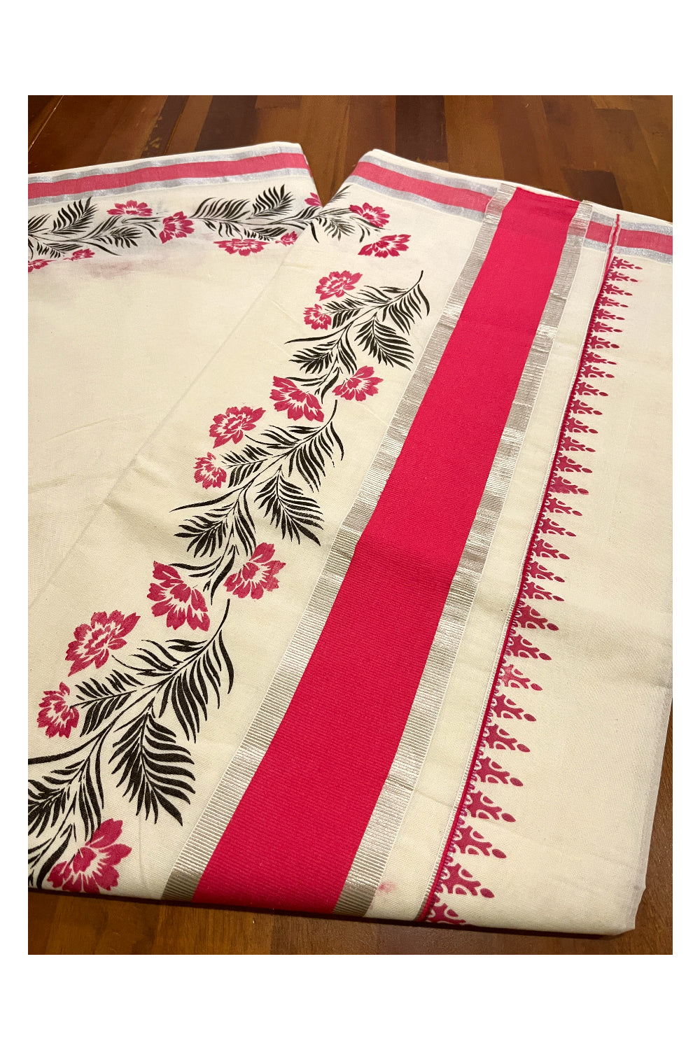 Pure Cotton Kerala Saree with Pink Black Floral Block Prints and Silver Pink Border