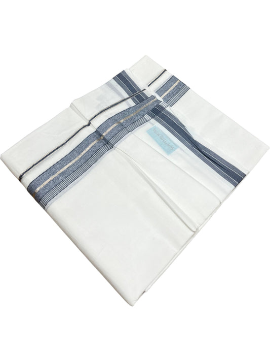 Southloom Kerala Pure White Cotton Double Mundu with Silver Line & Gray Border (South Indian Dhoti)