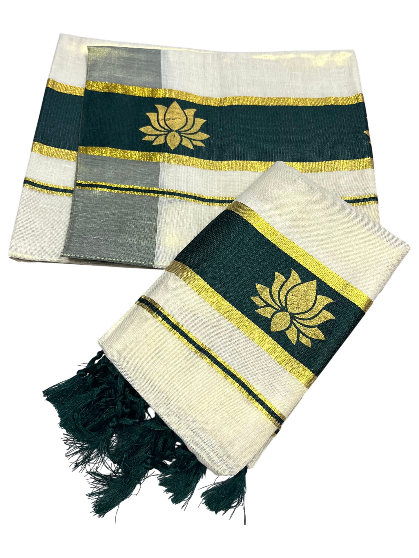 Southloom Kerala Cotton Kasavu Single Set Mundu (Mundum Neriyathum) with Lotus Design in Green