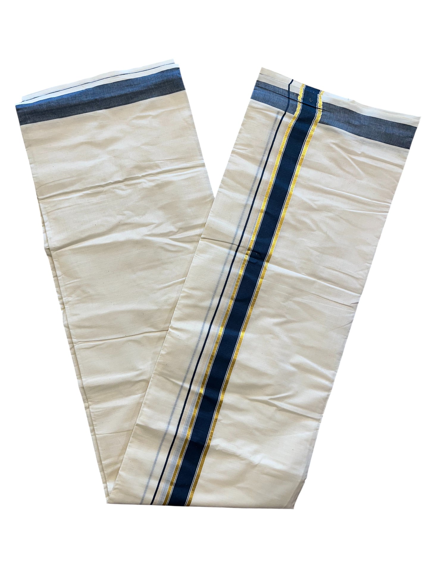 Southloom Pure Cotton Mundu with Gold Kasavu and Blue Colour Border (South Indian Kerala Dhoti)