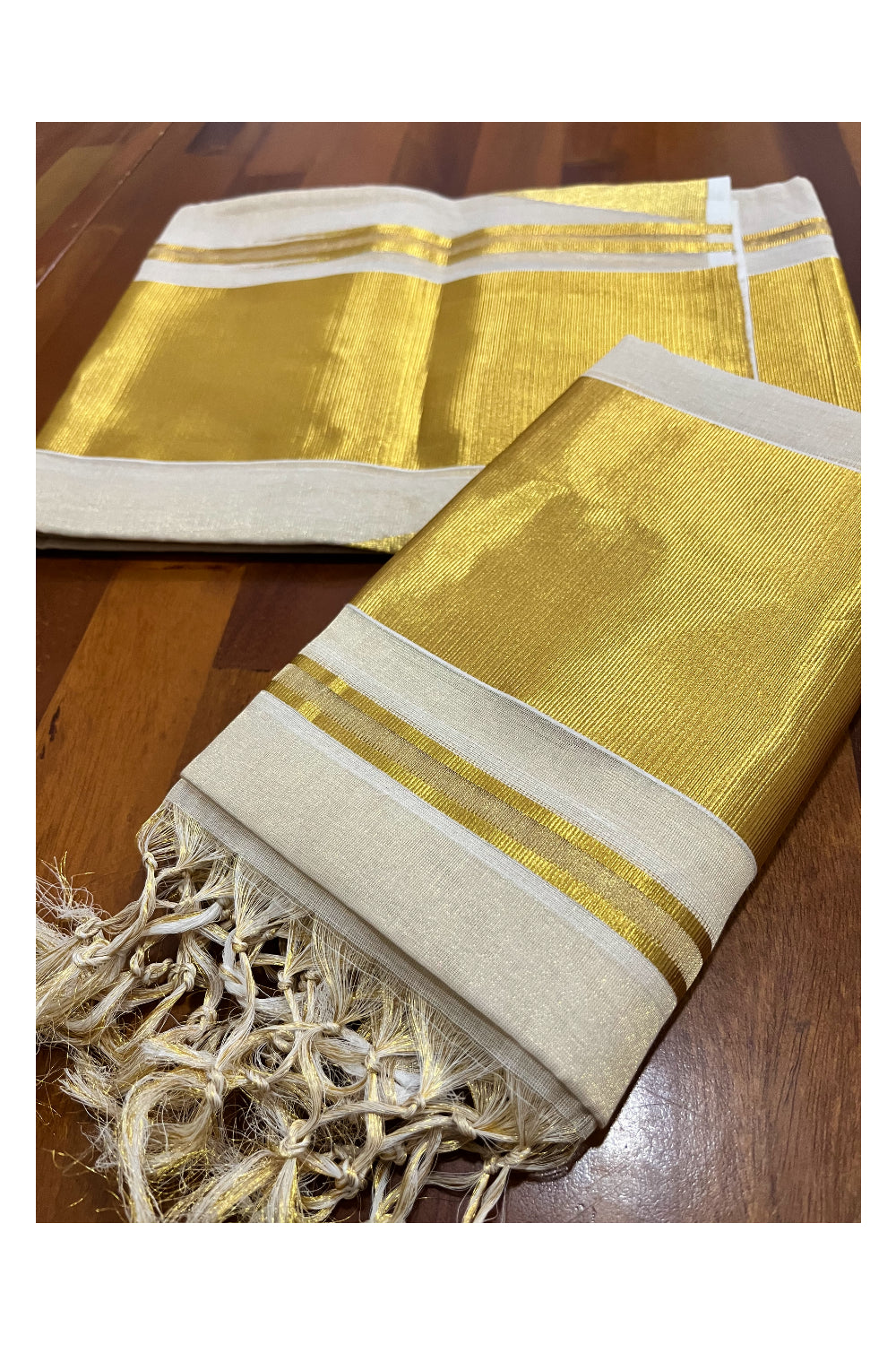 Southloom Handloom Premium Tissue Kasavu Set Mundu (Mundum Neriyathum) with Temple Border