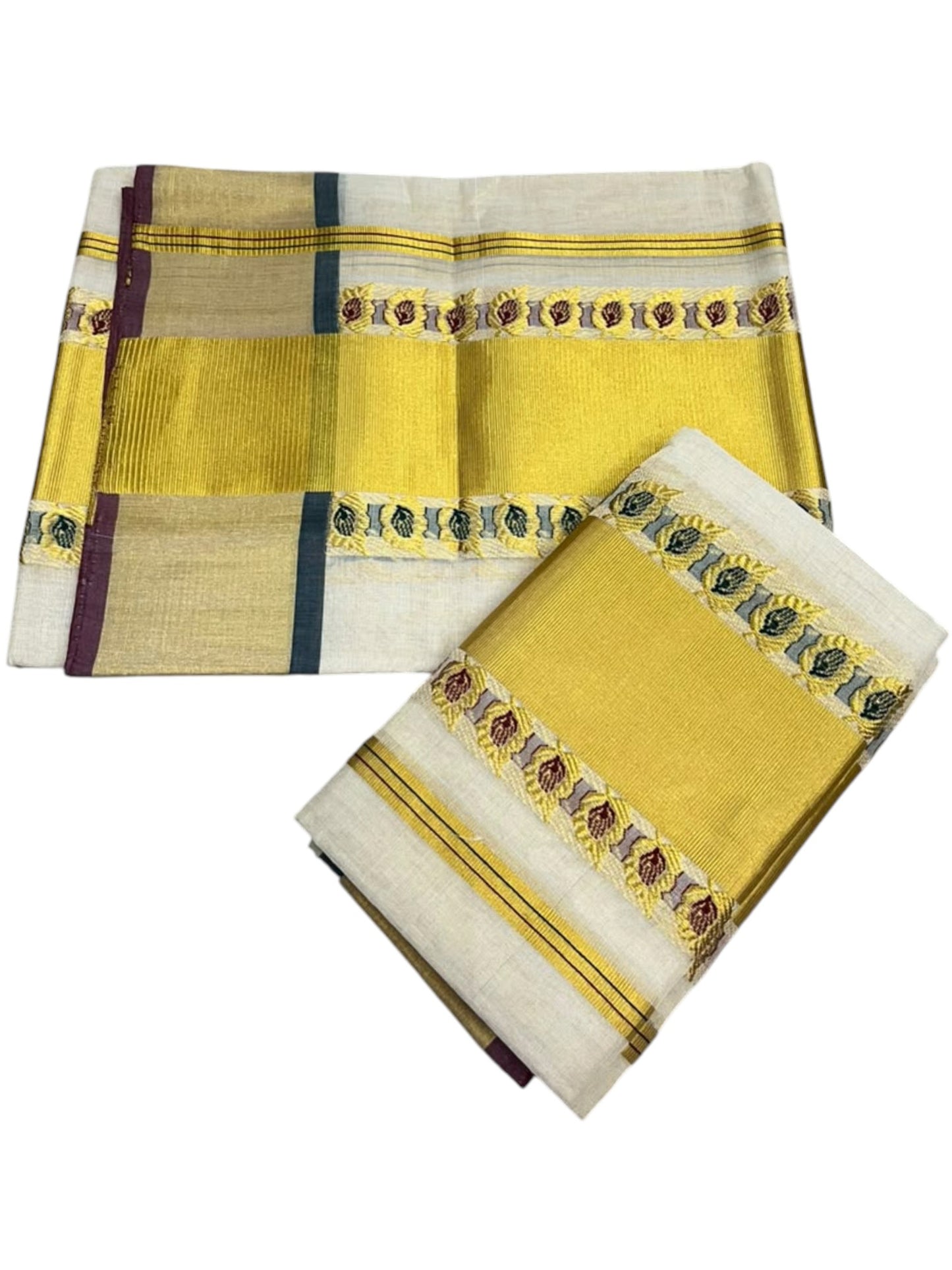 Southloom Premium Tissue Handloom Set Mundu with Green & Maroon Leaf Woven Desgin And Gold Kasavu Border (2.80 Mtr) SL632