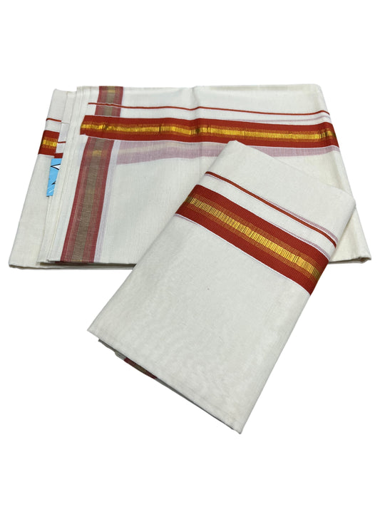 Southloom Kerala Cotton Single Set Mundu (Mundum Neriyathum) with Kasavu and Orange Border  SLKK