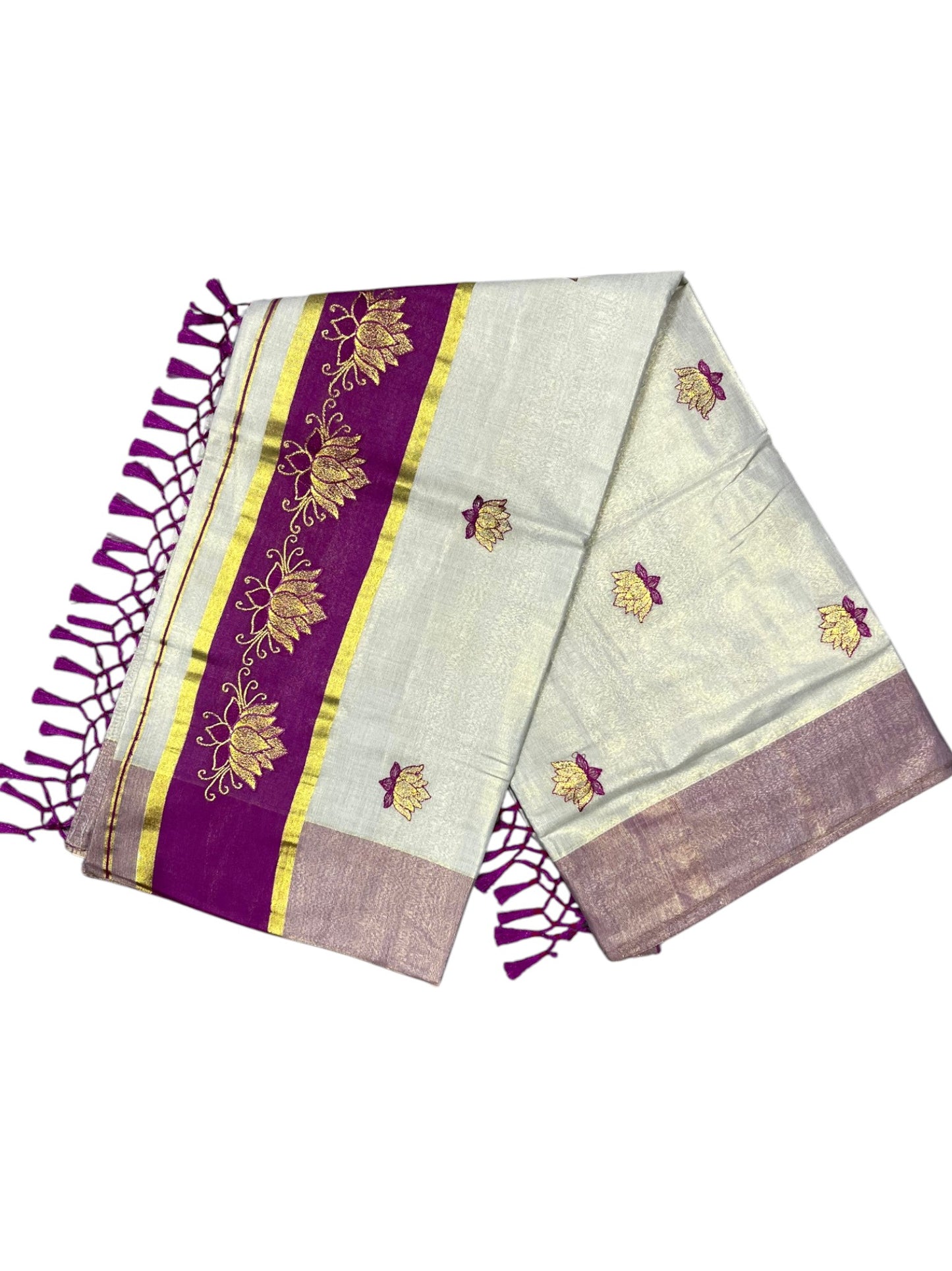 Southloom Kerala Tissue Kasavu Saree with Magenta And Golden Lotus Embroidary Designs on Body SL273