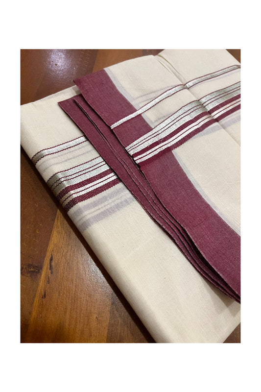 Pure Cotton 100x100 Double Mundu with Silver Kasavu and Maroon Border (Onam Mundu 2023)