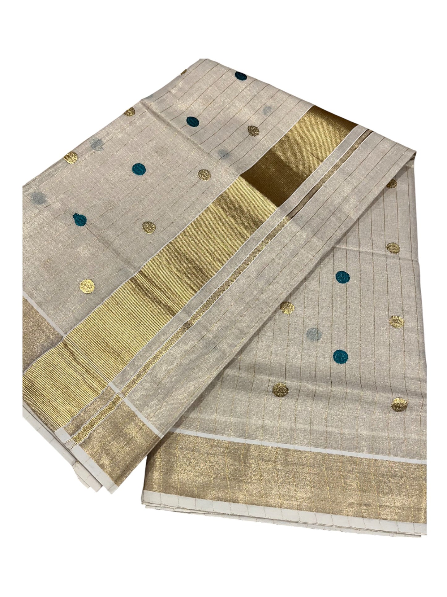 Southloom Kerala Tissue Kasavu Saree with Gold& Green Polka Embroidery Works on Body