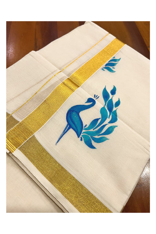 Kerala Pure Cotton Double Mundu with Blue Peacock Mural Painted Design on Kasavu Border (South Indian Kerala Dhoti)