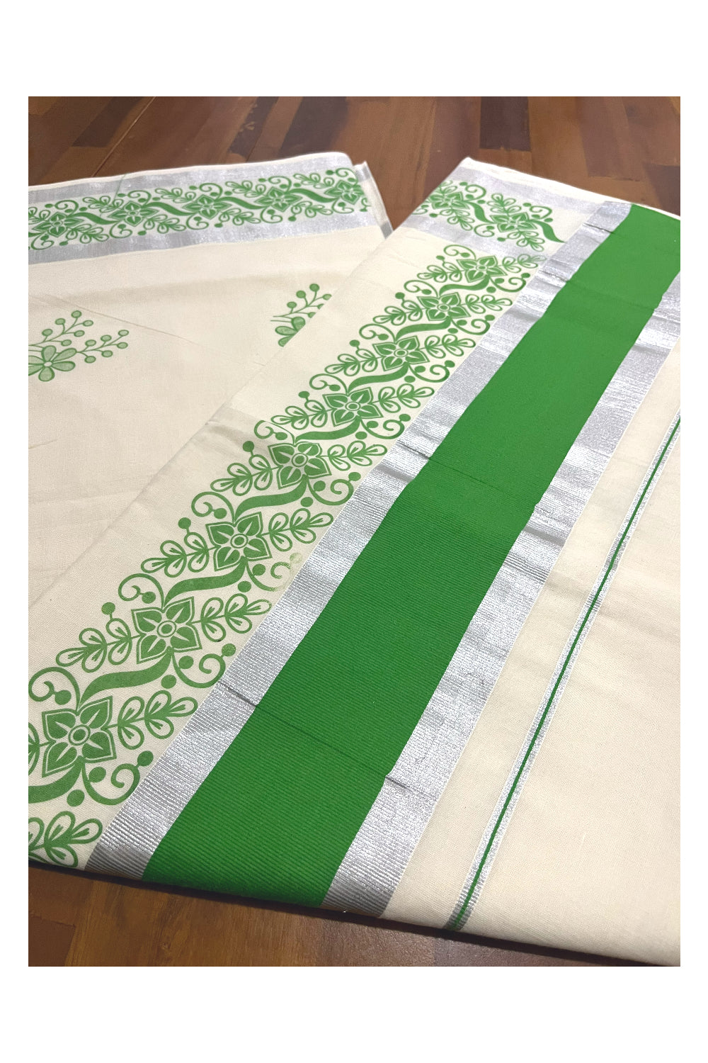 Pure Cotton Off White Kerala Saree with Light Green Floral Block Printed Silver Border (Onam Saree 2023)