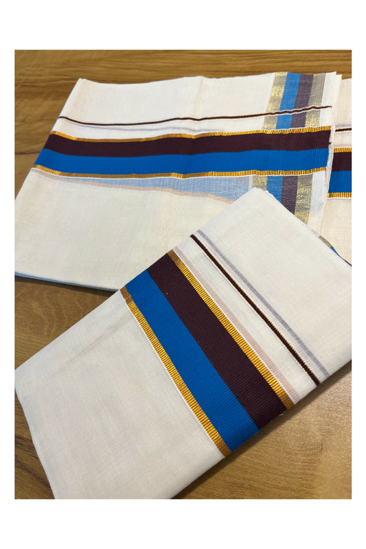 Kerala Cotton Kasavu Set Mundu (Mundum Neriyathum) with Brown and Blue Border