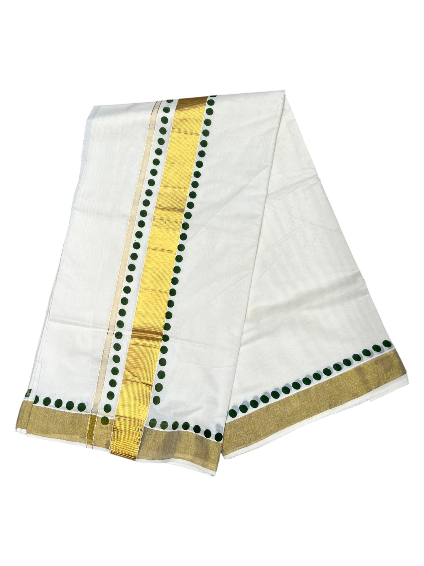 Southloom Cotton Kerala Kasavu Saree with olive Green Polk Dots Design Border