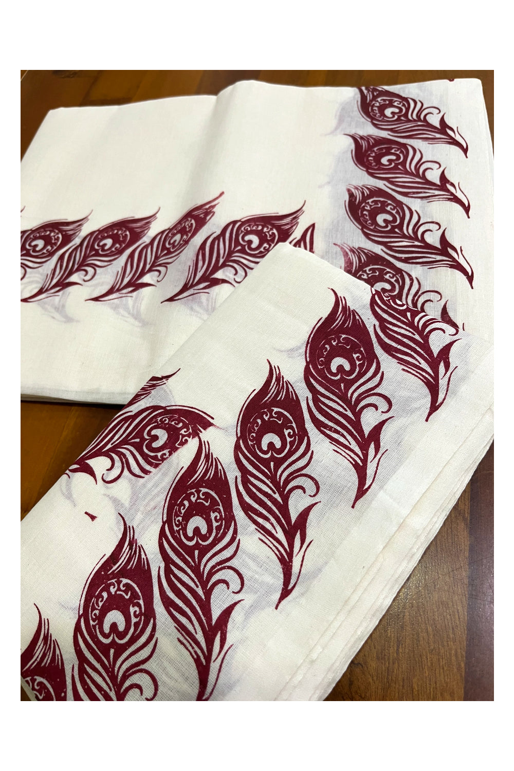 Kerala Pure Cotton Set Mundu Single (Mundum Neriyathum) with Maroon Feather Block Printed Border