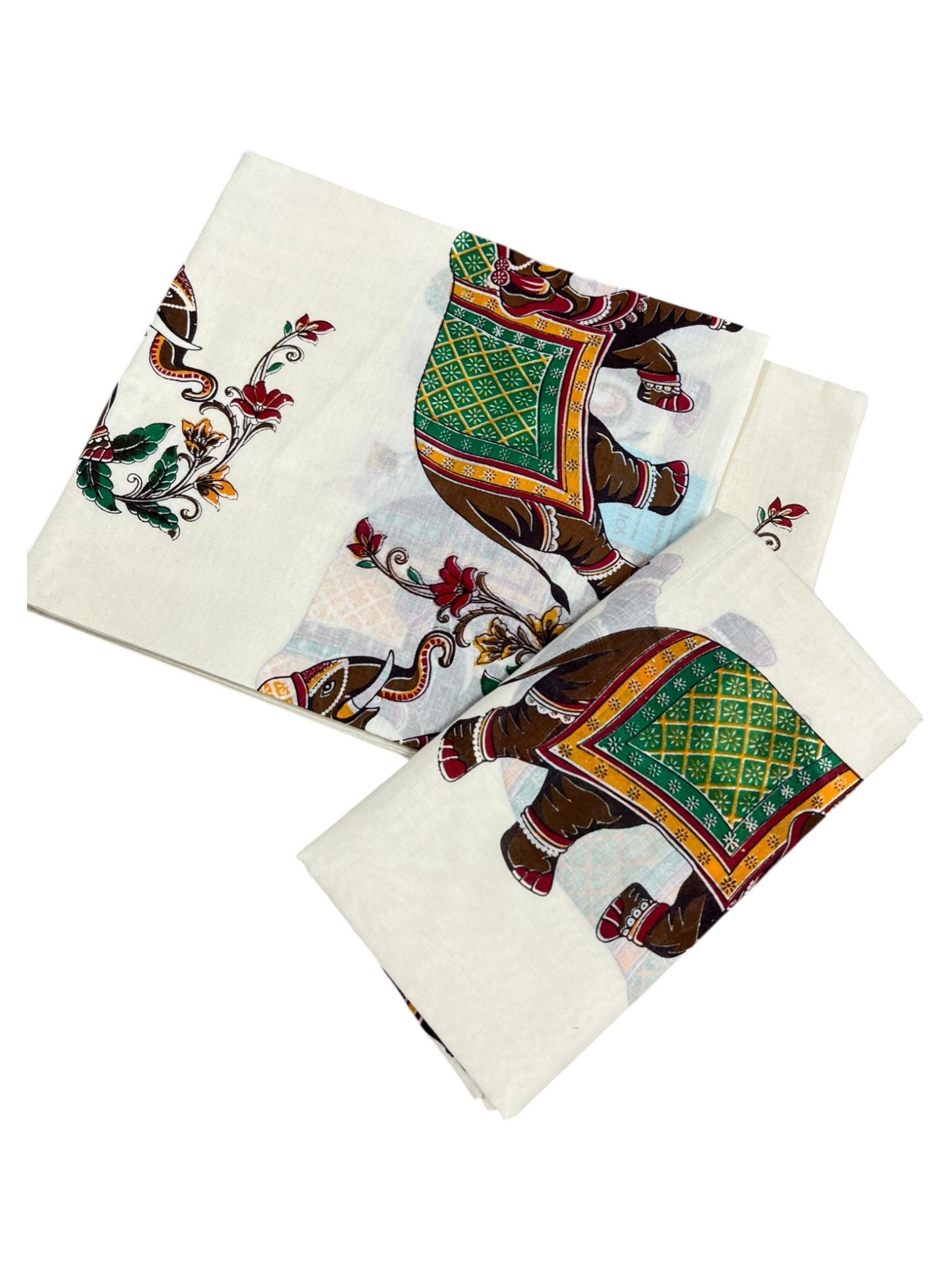 Southloom Cotton Single Set Mundu (Mundu Neriyathum) With Elephant Digital Floral Print in 2.80 Mtrs