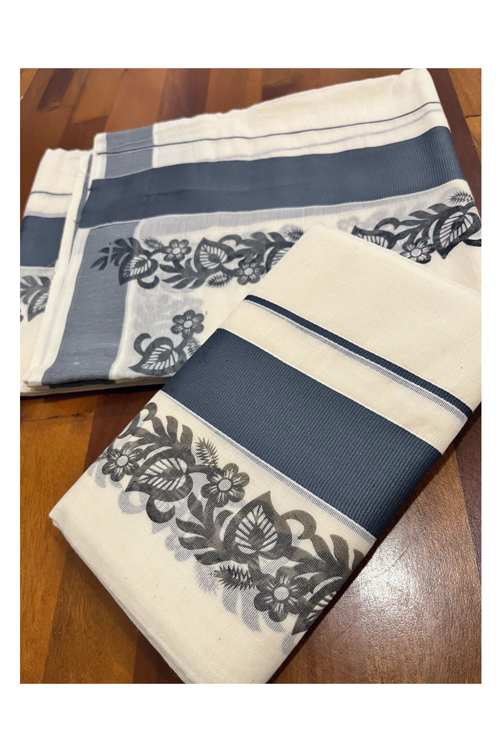 Kerala Pure Cotton Set Mundu Single (Mundum Neriyathum) with Grey Floral Block Prints