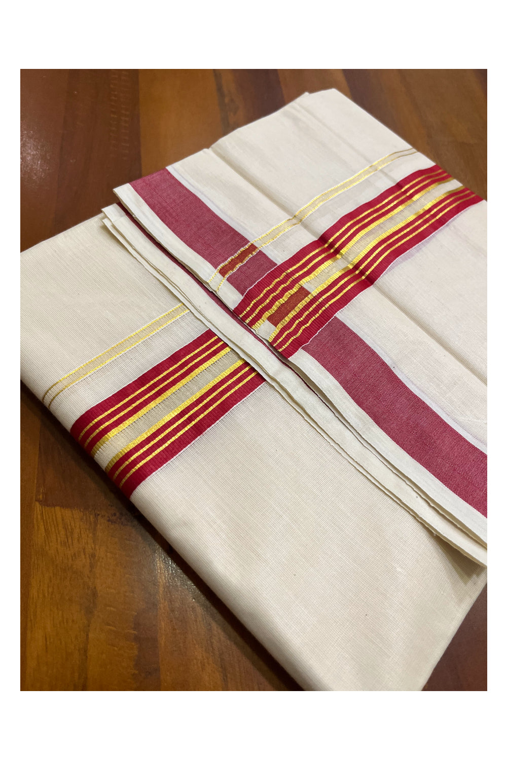 Kerala Pure Cotton Double Mundu with Red and Kasavu Lines Border (South Indian Kerala Dhoti)