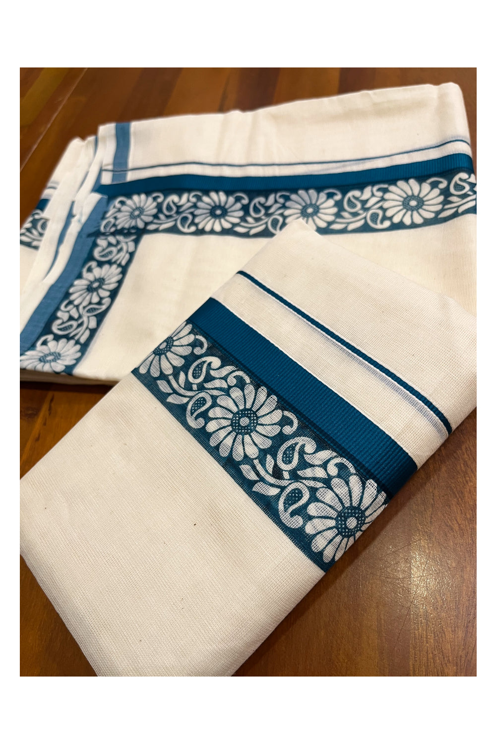 Kerala Cotton Kasavu Single Set Mundu (Mundum Neriyathum) with Blue Kara and  Block prints (Onam 2024 Collection)