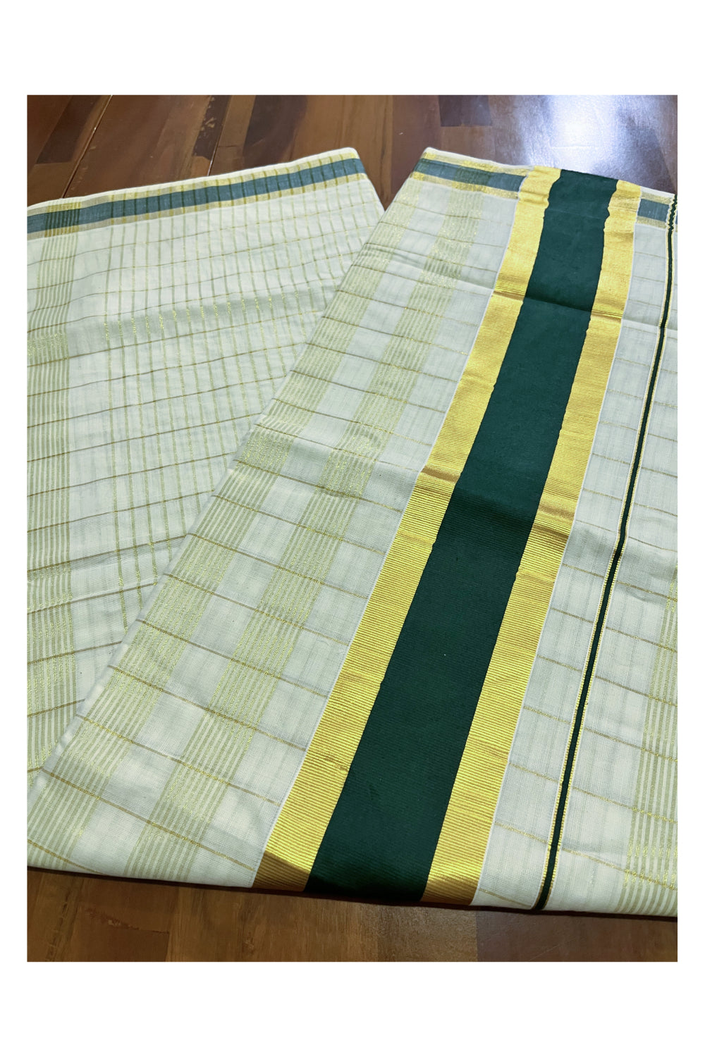 Kerala Pure Cotton Kasavu Check Designs Saree with Dark Green Border