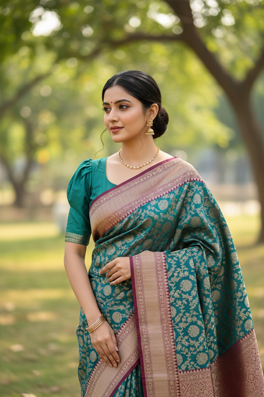 Southloom Banarasi Georgette Woven Work Saree in Blue And Mageta
