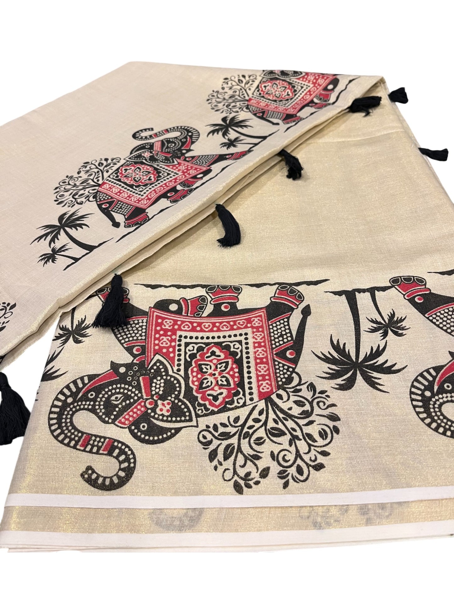 Southloom Kerala Tissue Kasavu Saree With Elephant Design on Borders