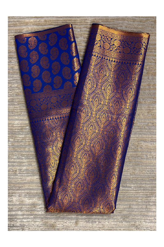 Southloom Banarasi Silk Brocade Bridal Saree WIth Woven Borders And Blouse Piece in Blue And Gold