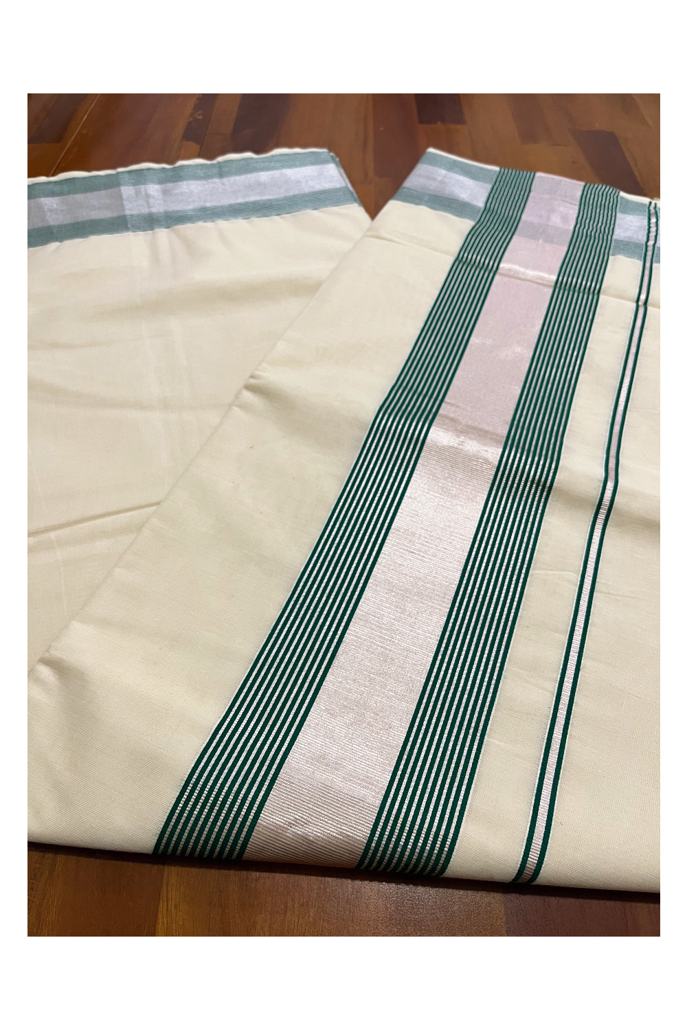 Pure Cotton Kerala Saree with Silver Kasavu and Green Line Border