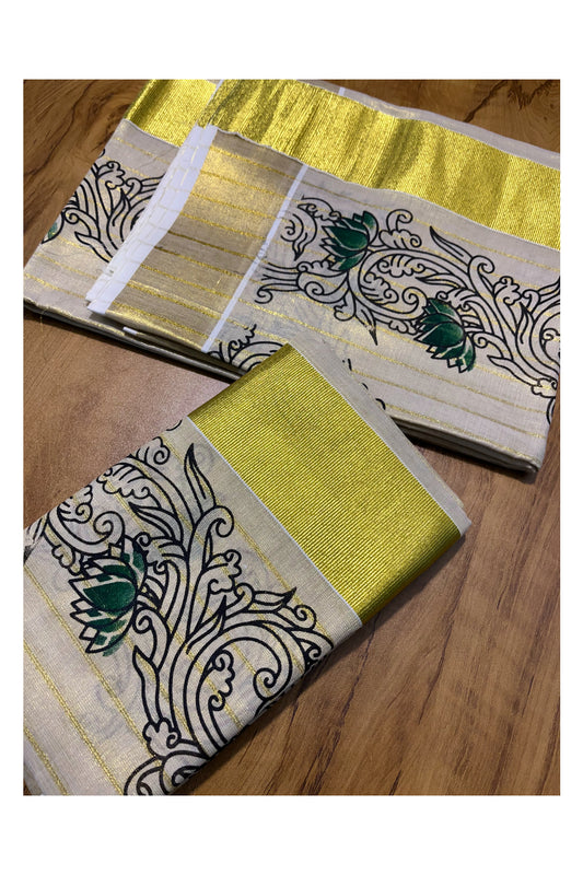 Kerala Tissue Single Set Mundu (Mundum Neriyathum) with Green Lotus Block Printed Design 2.80Mtr