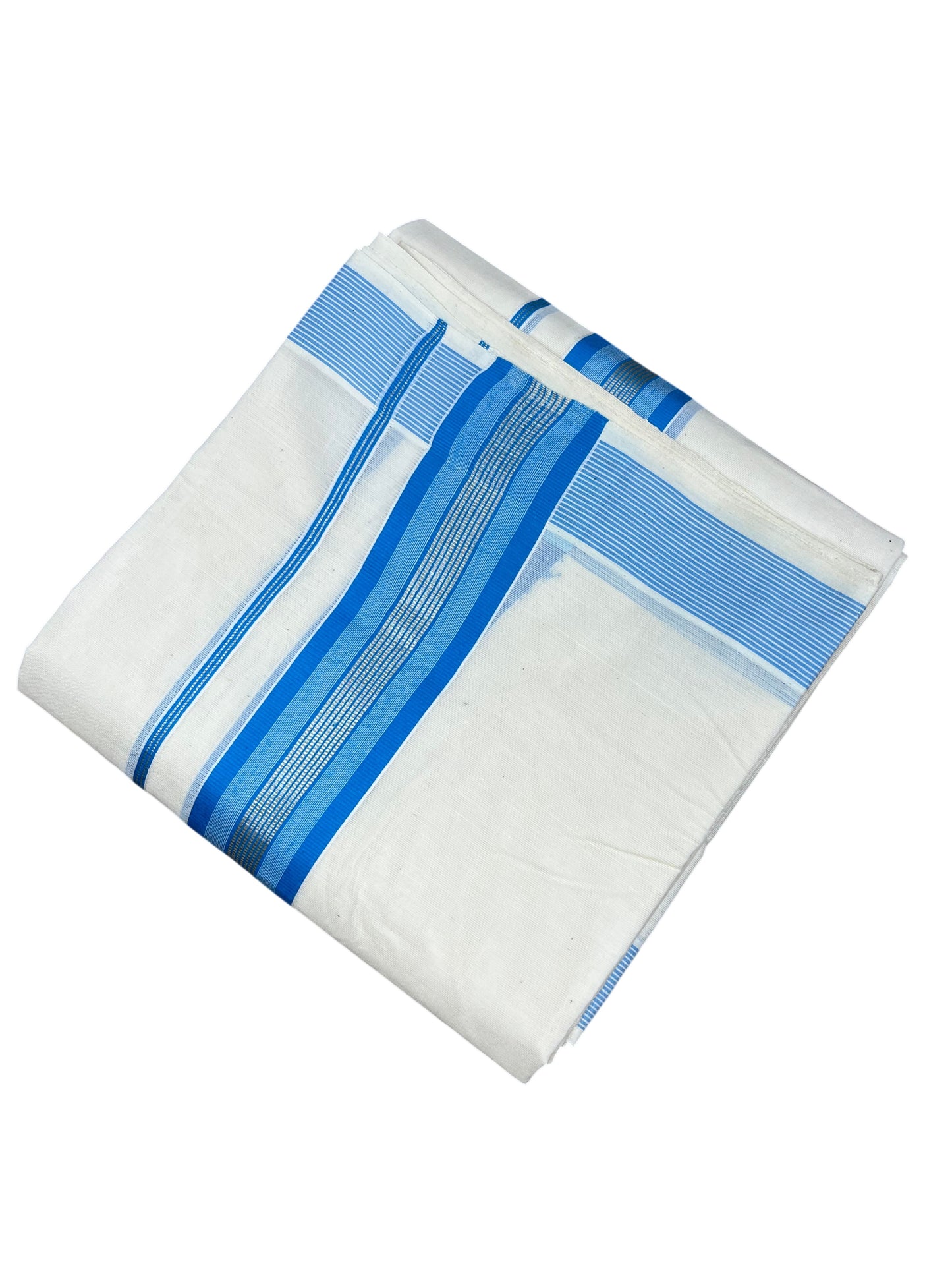 Southloom Pure Cotton Mundu with Silver Lines and Blue Border (South Indian Kerala Dhoti)