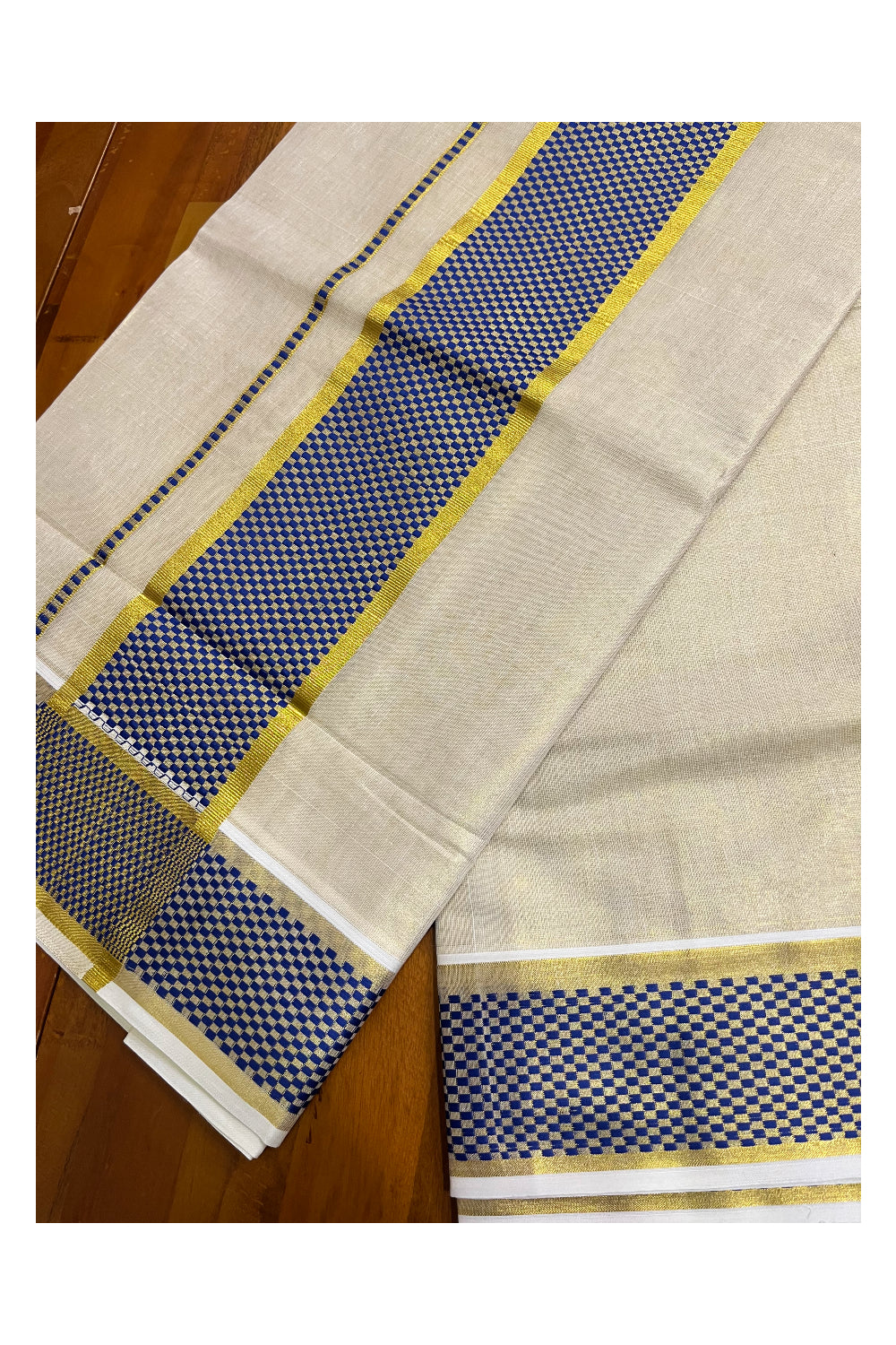 Kerala Kasavu Tissue Saree with Blue Paa Neythu Border