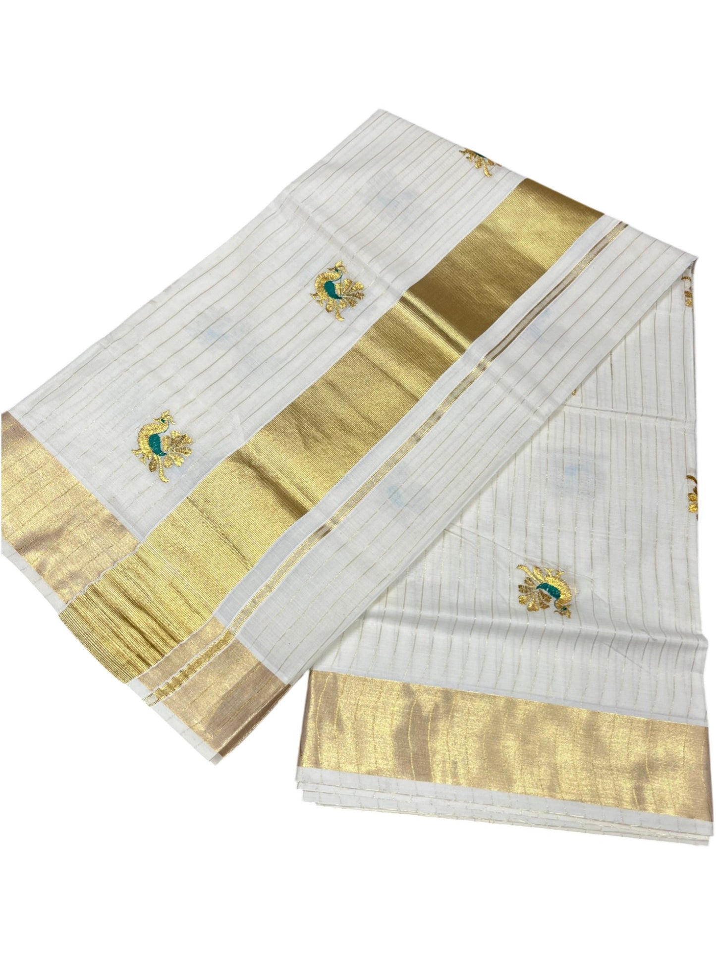 Southloom Cotton Kerala Kasavu Lines Saree with Peacock Embroidery Work on Body in Peacock Green