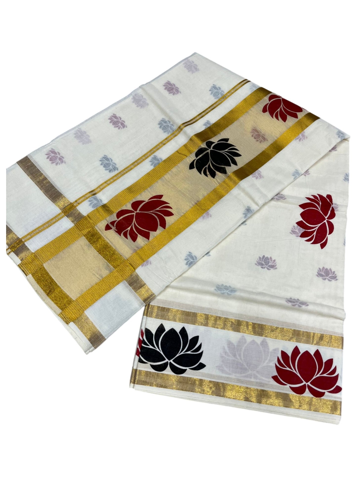Southloom Cotton Kerala Kasavu Saree with Lotus Block Prints on Body and Border in Black and Maroon