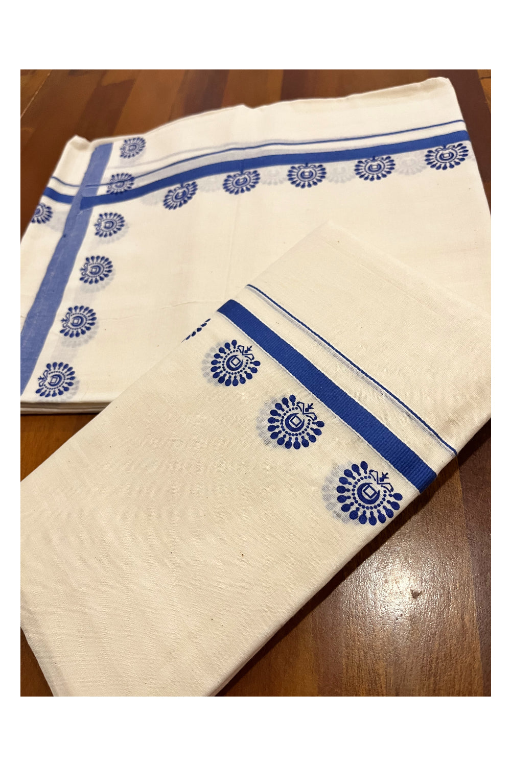 Kerala Pure Cotton Set Mundu Single (Mundum Neriyathum) with Blue Block Prints