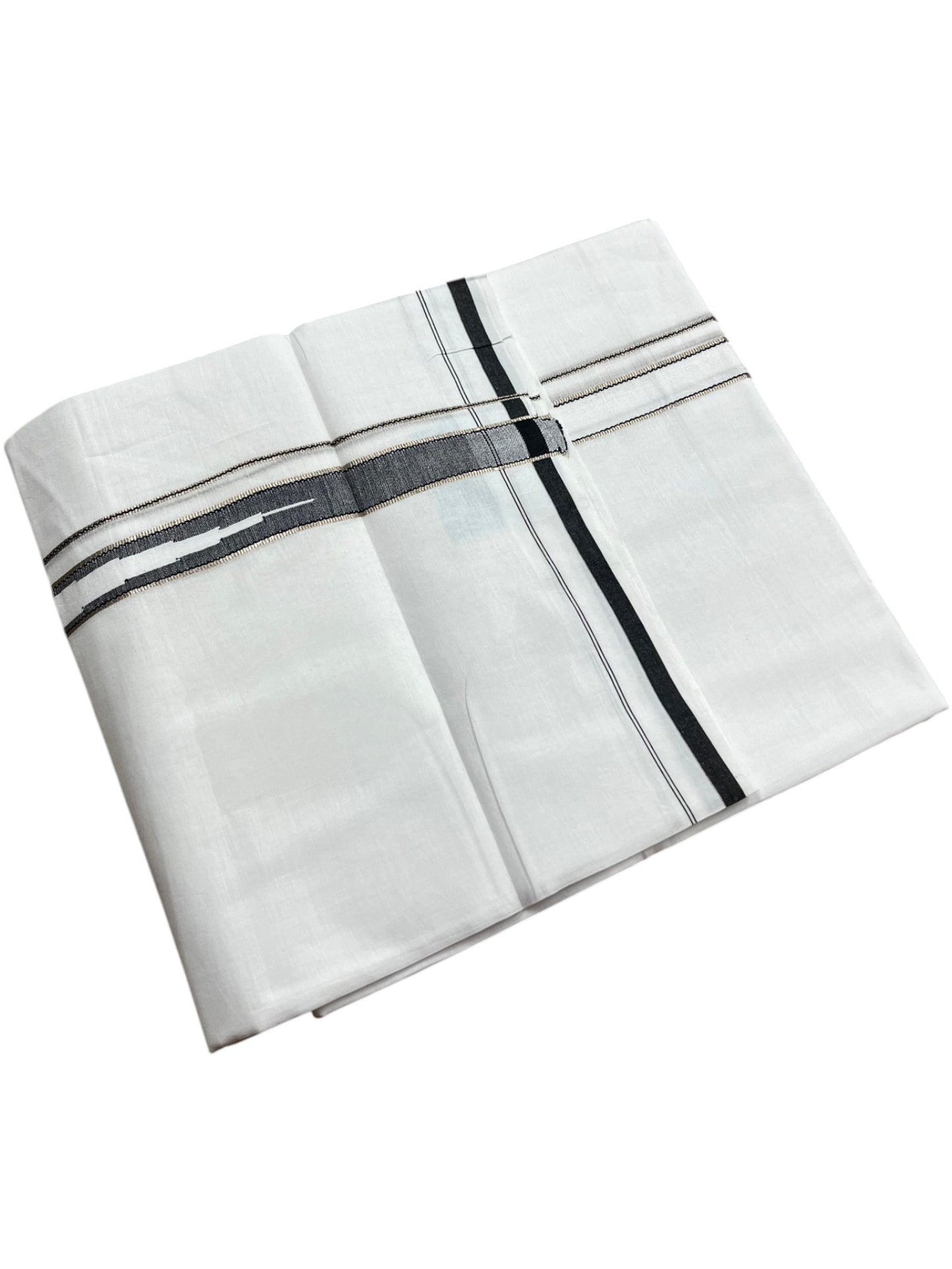 Southloom Pure White Cotton Double Mundu with Silver and Black Chutti Kara (South Indian Dhoti)