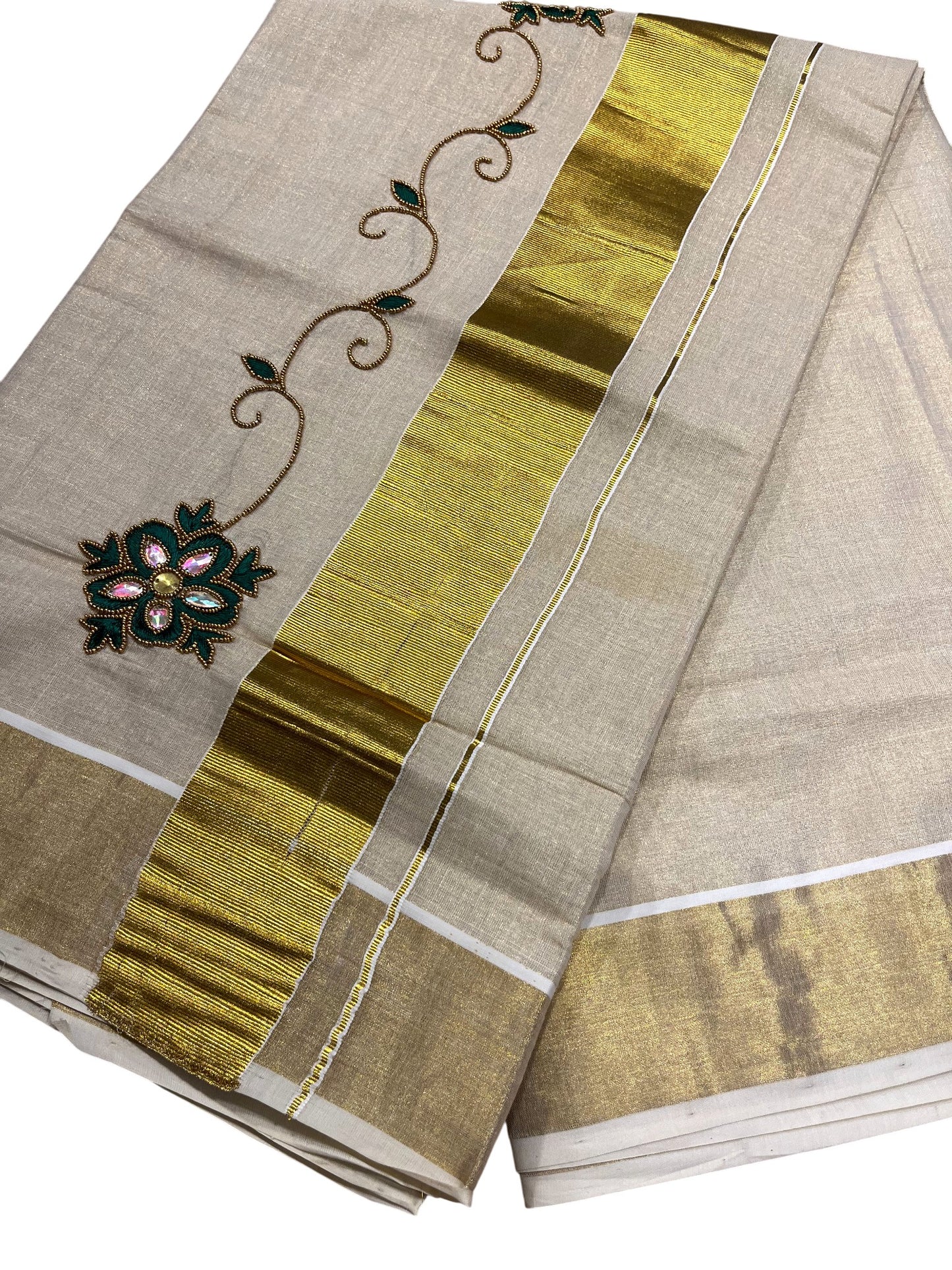 Southloom Kerala Tissue Kasavu Saree with Embroidery and Sequins Work