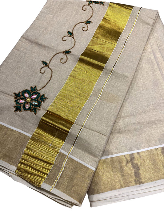 Southloom Kerala Tissue Kasavu Saree with Embroidery and Sequins Work