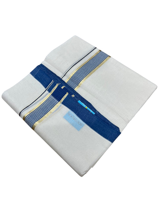 Southloom Balaramapuram Premium Handloom Cotton Double Mundu with Gold Kasavu and Blue Border